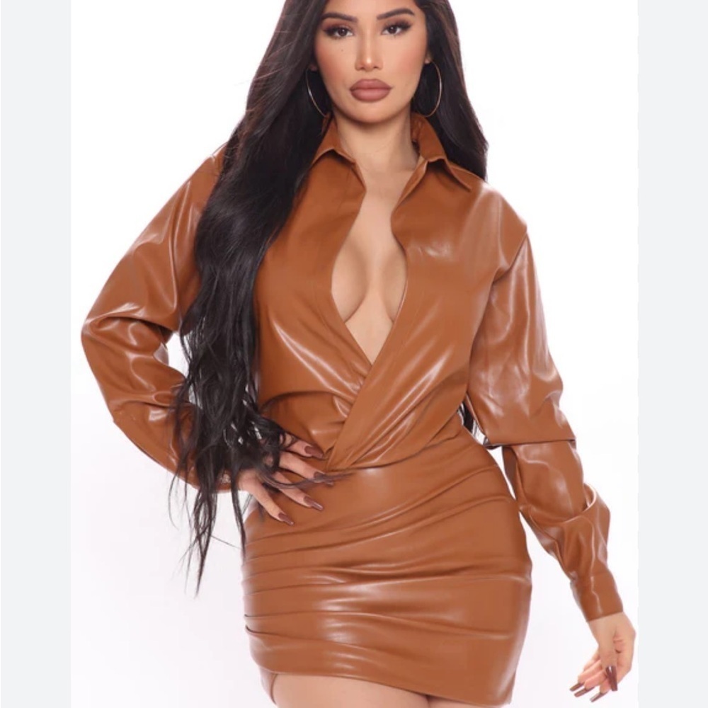 Fashion Nova Tan Here I Come PU Leather Mini Dress - Camel size medium
